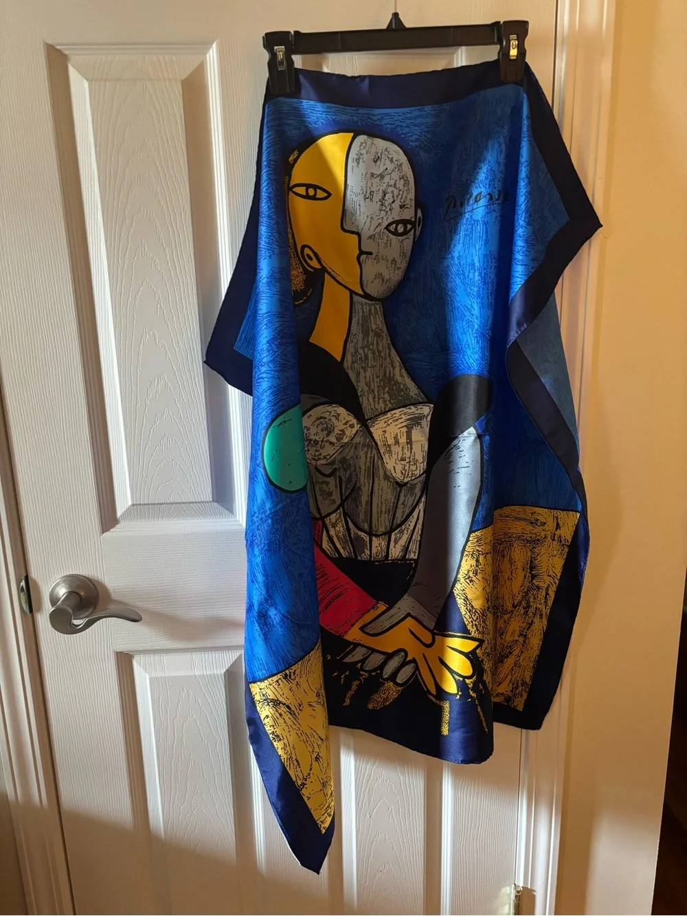 Blue Abstract Art Silk Scarf with Yellow & Black Accents